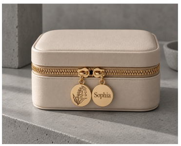Schmuckschatulle Personalisiert mit Name & Geburtsblume, Beige, Schwarz, Schmucketui Reise, Geschenkidee Frauen, Mädchen Geschenk Geburtstag